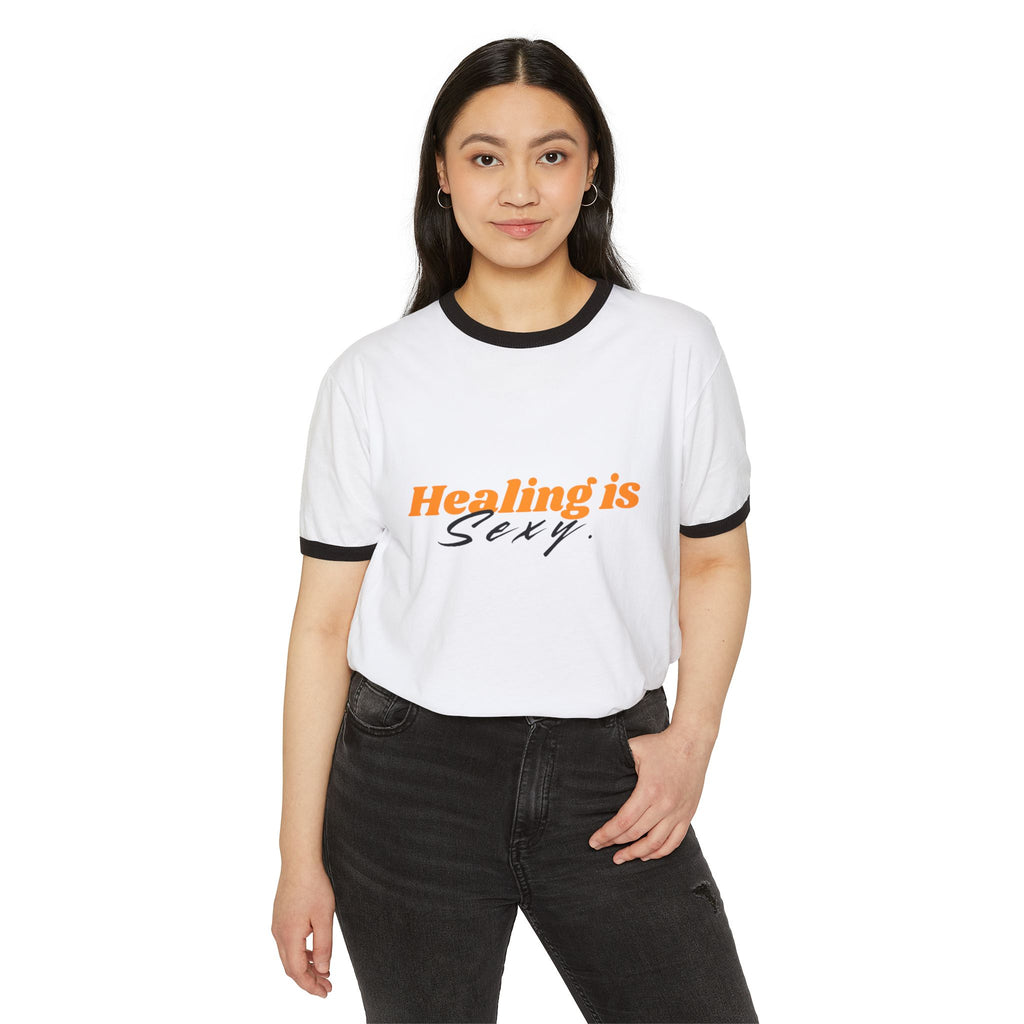 Ringer T-Shirt — Mysterious Woman with Rose Graphic