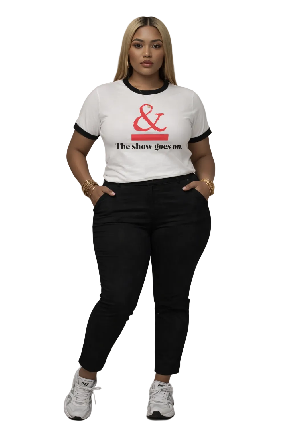 Ringer T-Shirt — “& The show goes on.” Minimalist Theater Quote Tee